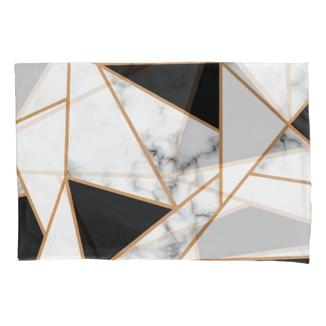 White Marble Geometric in gold, black Pillowcase (Front)