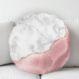 White Marble Gilded Blush Pink Agate Round Cushion