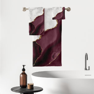White Marble Gilded Burgundy Agate Bath Towel Set