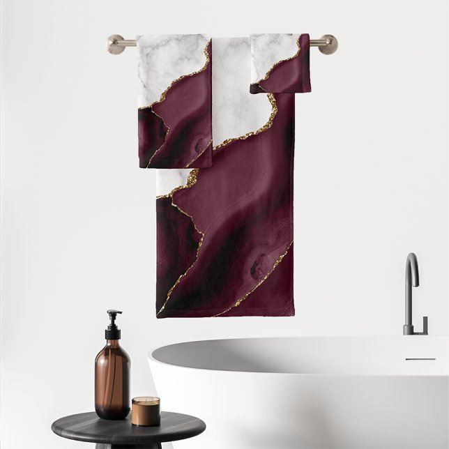 White Marble Gilded Burgundy Agate Bath Towel Set (Creator Uploaded)