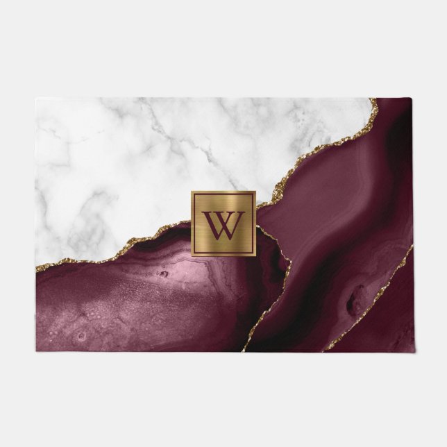 White Marble Gilded Burgundy Agate Monogram Doormat (Front)