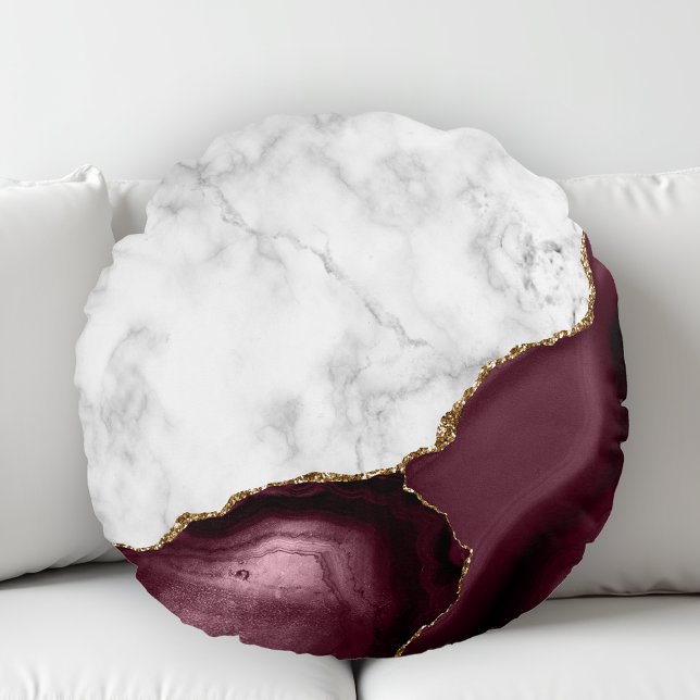 White Marble Gilded Burgundy Agate Round Cushion (Creator Uploaded)