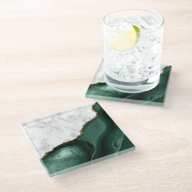 White Marble Gilded Emerald Green Agate Glass Coaster (Angled)