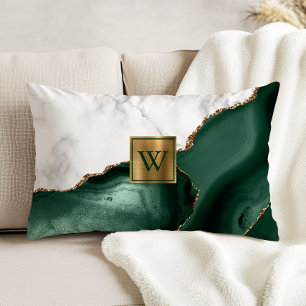 White Marble Gilded Emerald Green Agate Monogram Decorative Cushion