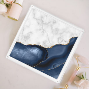 White Marble Gilded Navy Blue Agate Acrylic Tray