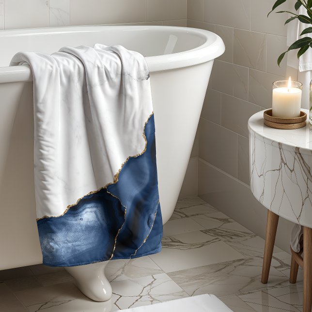 White Marble Gilded Navy Blue Agate Bath Towel (Creator Uploaded)