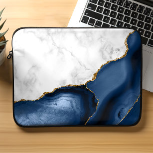White Marble Gilded Navy Blue Agate Laptop Sleeve