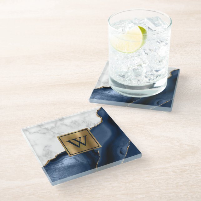 White Marble Gilded Navy Blue Agate Monogram Glass Coaster (Angled)