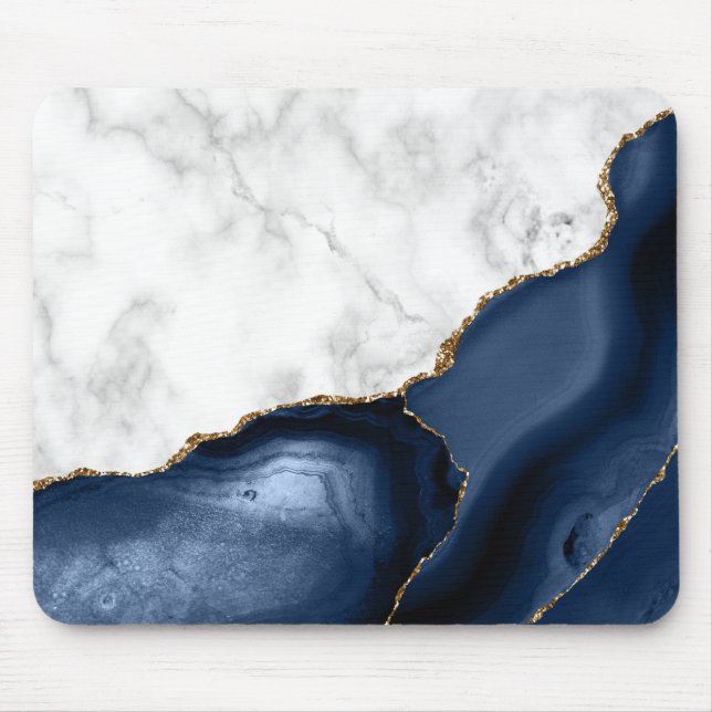 White Marble Gilded Navy Blue Agate Mouse Mat (Front)
