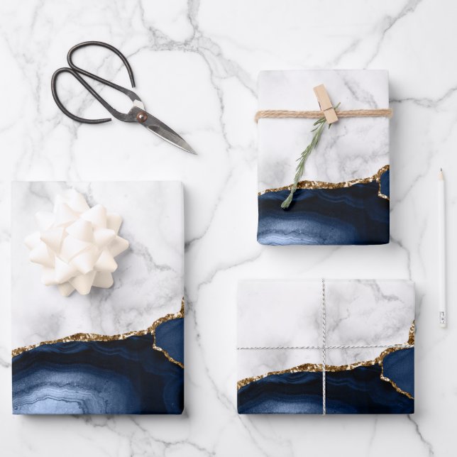 White Marble Gilded Navy Blue Agate Wrapping Paper Sheet (Front)