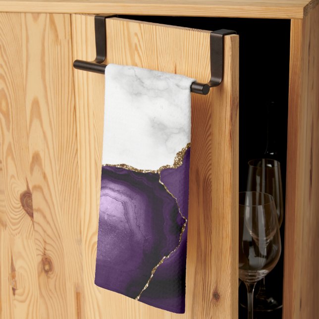 White Marble Gilded Purple Agate Tea Towel (Thirds Fold)