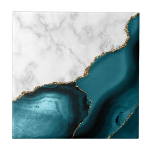 White Marble Gilded Teal Agate Tile