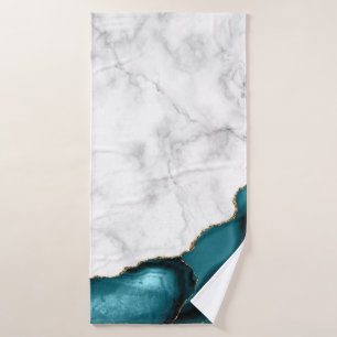 White Marble Gilded Teal Blue Agate Bath Towel