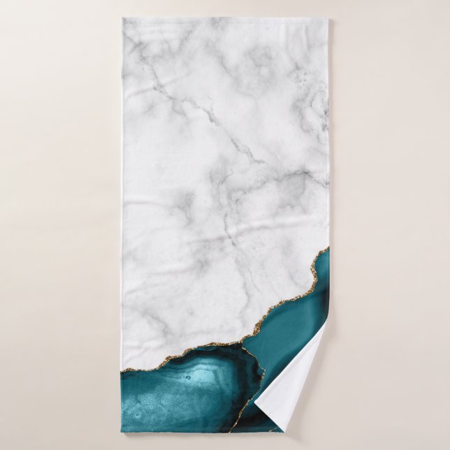 White Marble Gilded Teal Blue Agate Bath Towel (Bath Towel)