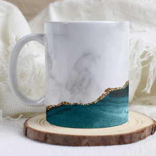 White Marble Gilded Teal Blue Agate Coffee Mug