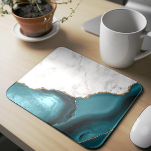 White Marble Gilded Teal Blue Agate Mouse Mat