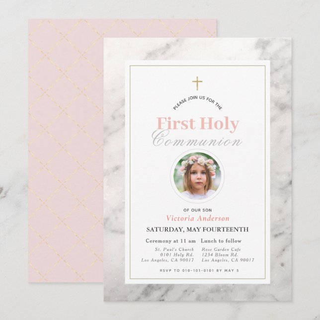 White Marble Girl Photo First Holy Communion Invitation (Front/Back)