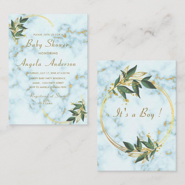 White Marble God Baby Boy Shower Invitation (Front/Back)