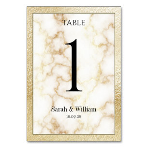 White Marble Gold Border Wedding Table Number