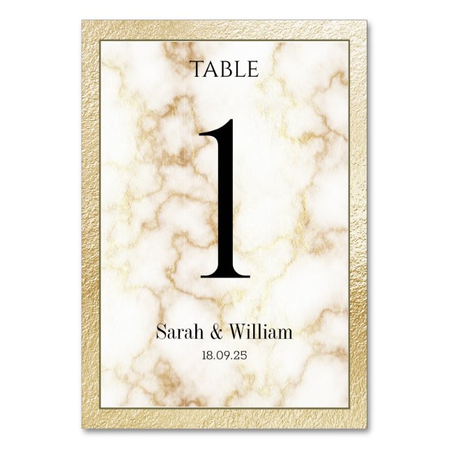White Marble Gold Border Wedding  Table Number (Front)