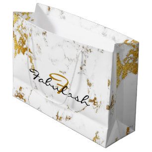 White Marble Gold Bridal Glitter Name Monogram Large Gift Bag