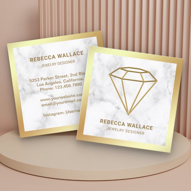 White Marble Gold Foil Geometric Diamond Jeweller Square Business Card (Creator Uploaded)