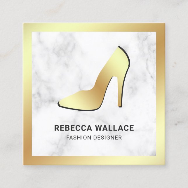 White Marble Gold Foil High Heels Stilettos Square Business Card (Front)