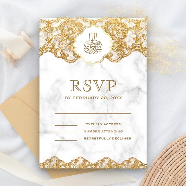White Marble Gold Foil Lace Islamic Muslim Wedding RSVP Card (Creator Uploaded)