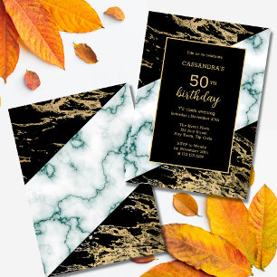 White Marble Gold Foil Paint Texture Birthday Invitation