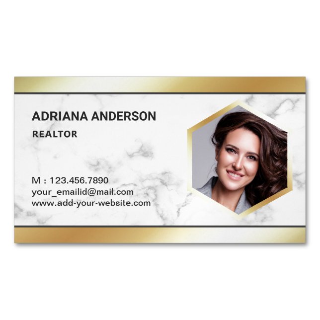 White Marble Gold Foil Real Estate Photo Realtor Magnetic Business Card (Front)