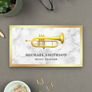 White Marble Gold Foil Trumpet Music Teacher Business Card