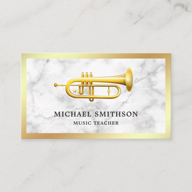 White Marble Gold Foil Trumpet Music Teacher Business Card (Front)