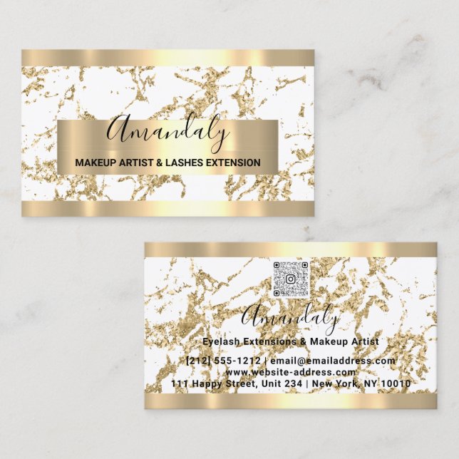 White Marble Gold Frame Event Planner Qr Code Business Card (Front/Back)