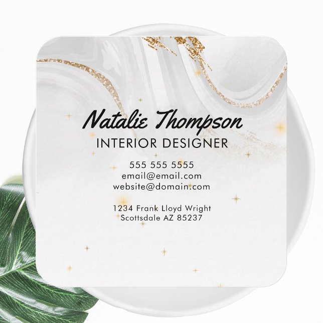 White Marble Gold Glitter Elegant Front and Back Square Business Card (Creator Uploaded)