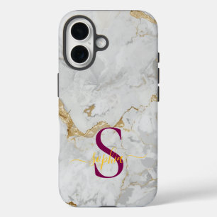 white marble gold glitter monogram iPhone 16 case
