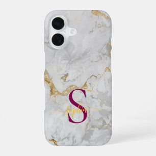 white marble gold glitter monogram iPhone 16 case