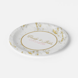 White Marble Gold Glitter- Save The Date Paper Plate