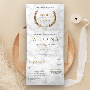 White Marble Gold Laurel Wreath All in One Wedding Tri-Fold Invitation