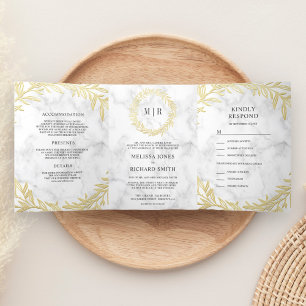 White Marble Gold Leaf Branch All in One Wedding Tri-Fold Invitation
