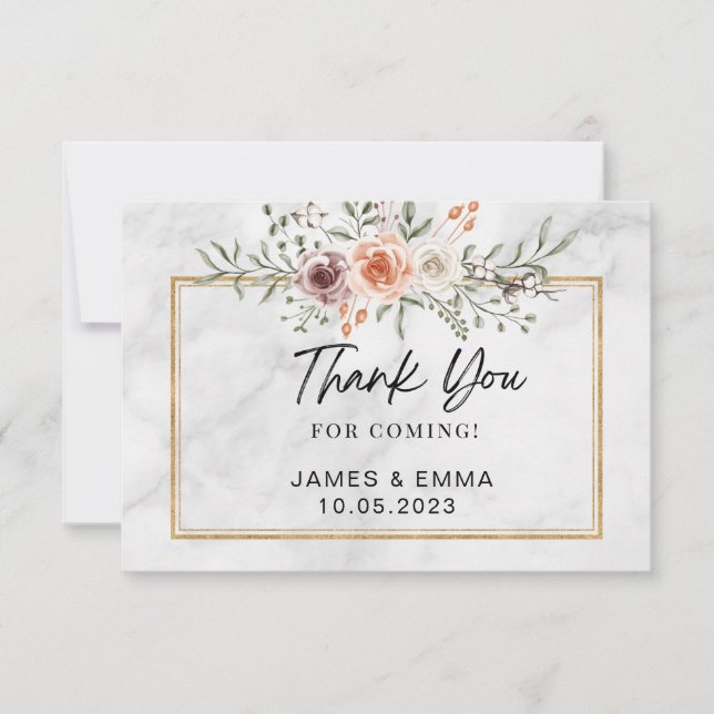 White Marble Gold Line Free Floral  Thank You Card (Front)