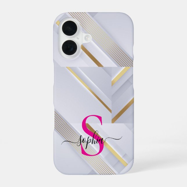 white marble gold lines monogram iPhone 16 case (Back)