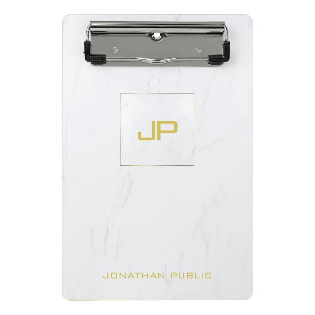 White Marble Gold Monogram Modern Elegant Trendy Mini Clipboard (Front)