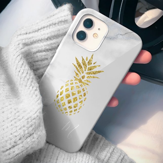 White Marble Gold Pineapple Monogram iPhone 15 Case (Creator Uploaded)
