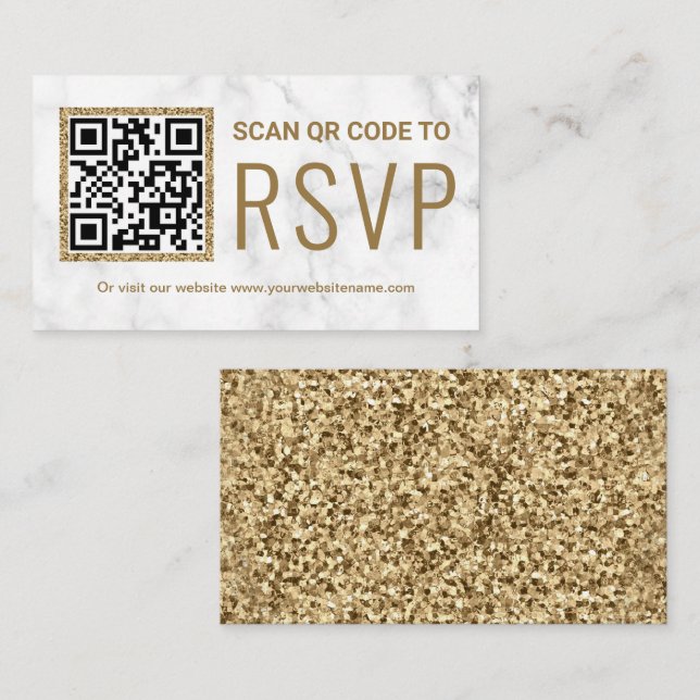 White Marble Gold QR Code RSVP Wedding Website Enclosure Card (Front/Back)