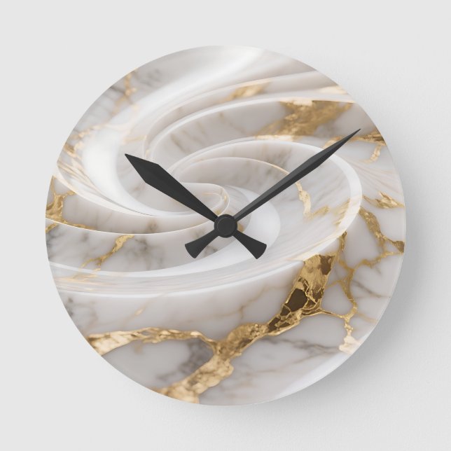 White Marble Gold Swirl Pattern Round Clock (Front)