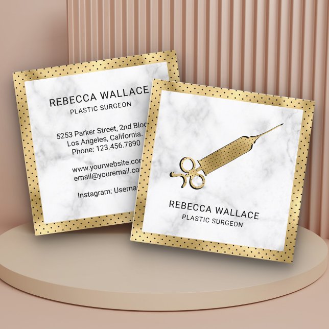 White Marble Gold Syringe Plastic Surgeon Doctor Square Business Card (Creator Uploaded)