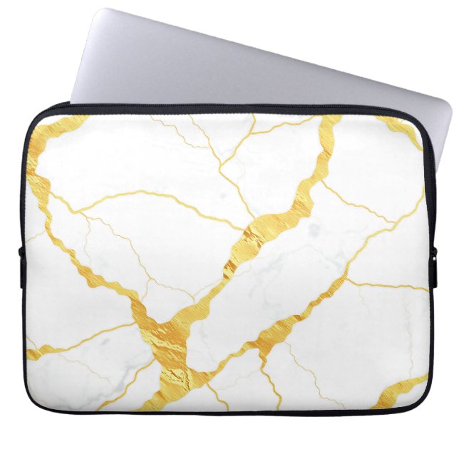 White Marble Gold Veins Pattern Laptop Sleeve (Front)