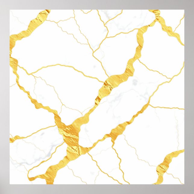 White Marble Gold Veins Pattern Poster (Front)