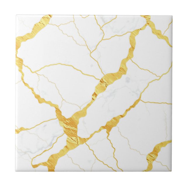 White Marble Gold Veins Pattern Tile (Front)