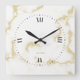 White Marble Gold Veins Square Wall Clock